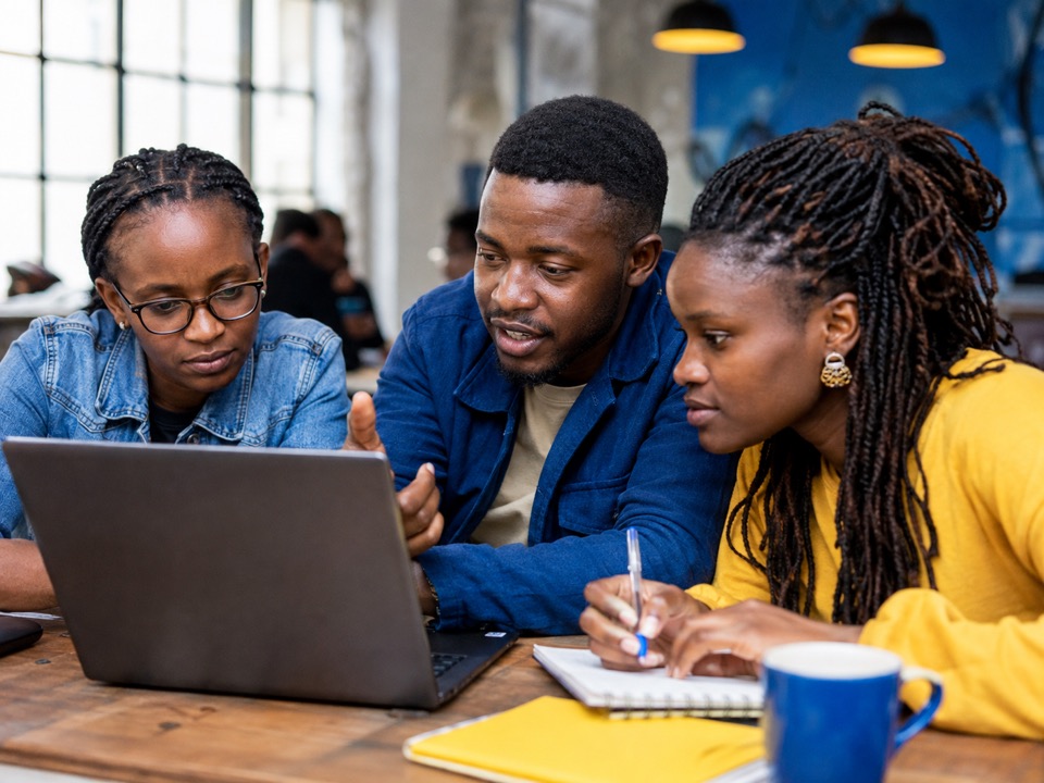 Illustration of three people learning together around a laptop.