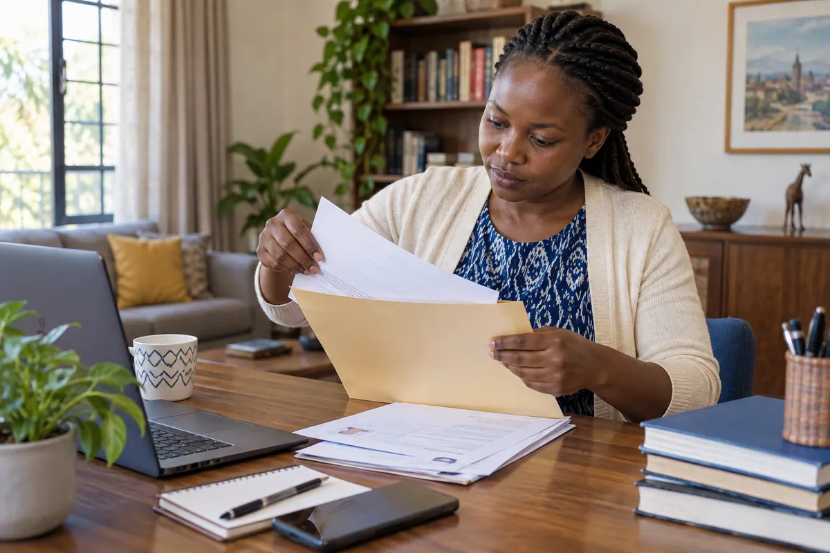 A woman sorting application documents at her desk