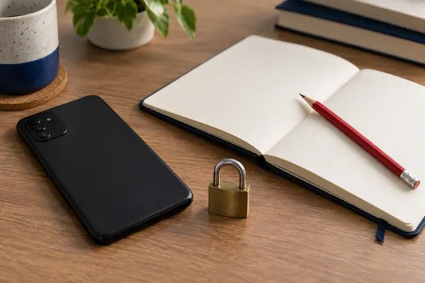 A phone, an open notebook and a small padlock on a desk