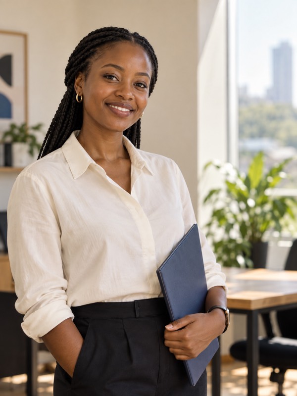 A young professional holding her work portfolio