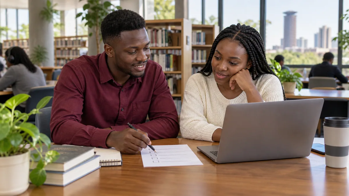 Young professionals comparing career notes in a library